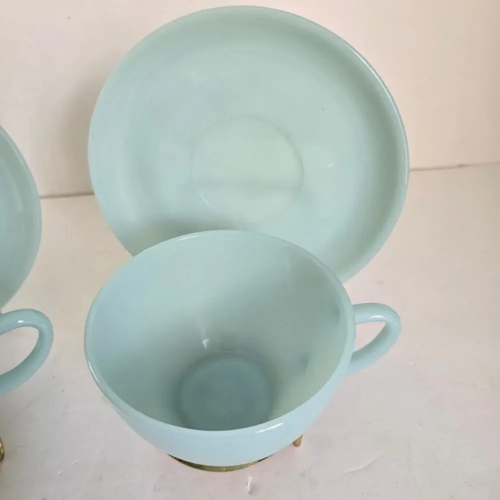 Vintage Fire King Cups Saucers Turquoise Milk Glass Limited 1956-58 Mid Century